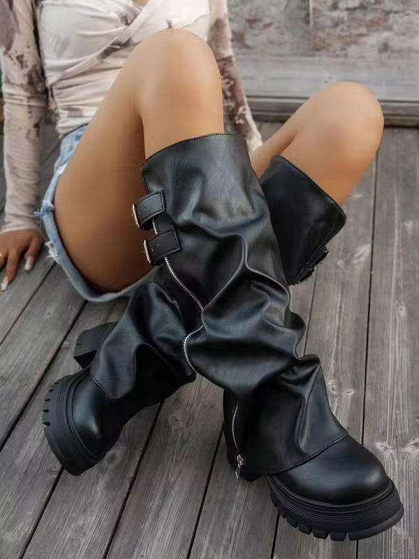 Women's Round Toe Chunky Boots, All-Season Pleated Cuff Pants, Side Zipper Buckle Design, Fashionable Long, Runs Small, Heel