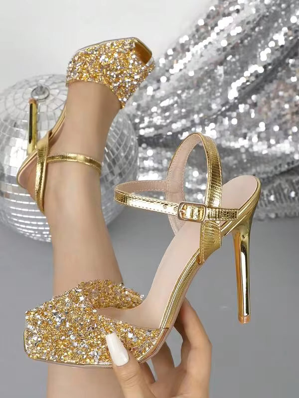 Square Toe High Heel Slip-On Sandals, Fashionable For Spring/Summer