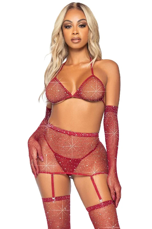 Push - up bikini top to enhance the bust for a confident beach appearance5 Piece Rhinestone Fishnet Garter Skirt Set W/Bikini Top & Accessories