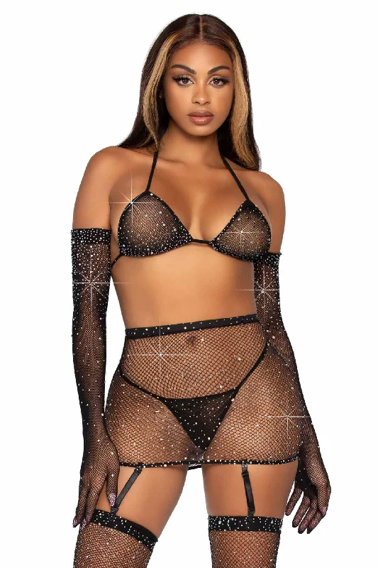 High - waisted bikini for a retro and tummy - flattering look5 Piece Rhinestone Fishnet Garter Skirt Set W/Bikini Top & Accessories