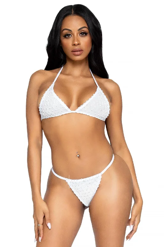 Long - line bikini top for added support and a fashionable look2 Piece Mesh Top & Rhinestone G-String Bikini Set