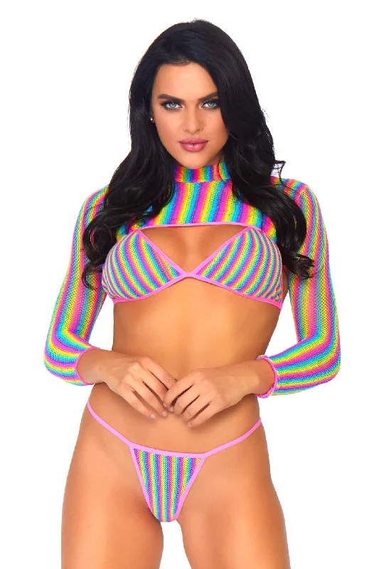 Maternity bikini for expecting mothers to enjoy the beach comfortably3 Piece Rainbow Fishnet Bikini Top, G-String, And Long Sleeved Crop Top Set