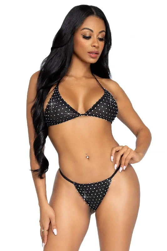 Lace - trimmed bikini for an elegant and romantic touch2 Piece Mesh Top & Rhinestone G-String Bikini Set