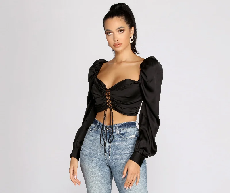 Puffer - Sleeve Women Long Sleeve Top for a Fashion - Forward LookLace Up Peasant Cropped Blouse