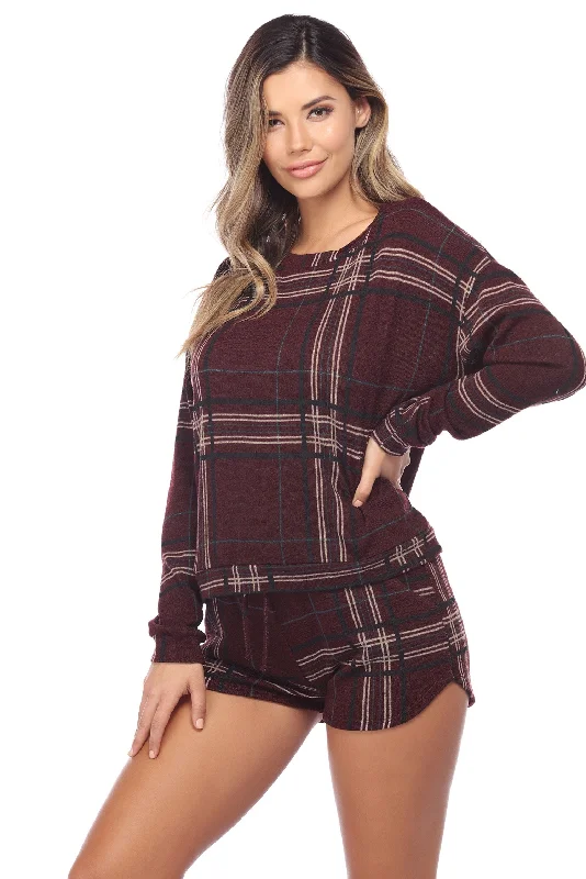 Plaid Women Long Sleeve Top for a Preppy VibePlum Plaid Dreams Pull Over Top