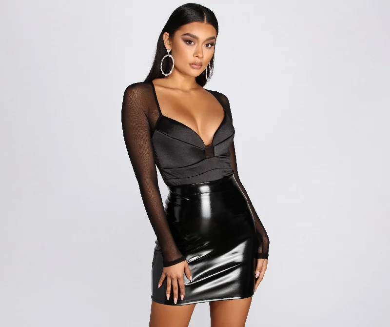 Cropped Women Long Sleeve Top to Pair with High - Waisted BottomsMajor Sweetheart Satin Bodysuit