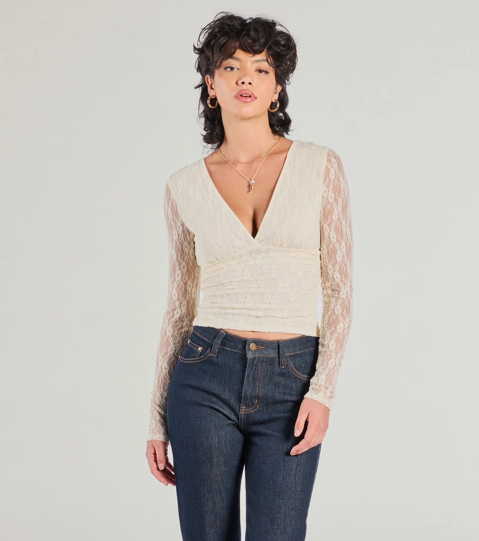 Metallic Accent Women Long Sleeve Top for a Glamorous LookModern Romance Lace Tie-Back Crop Top