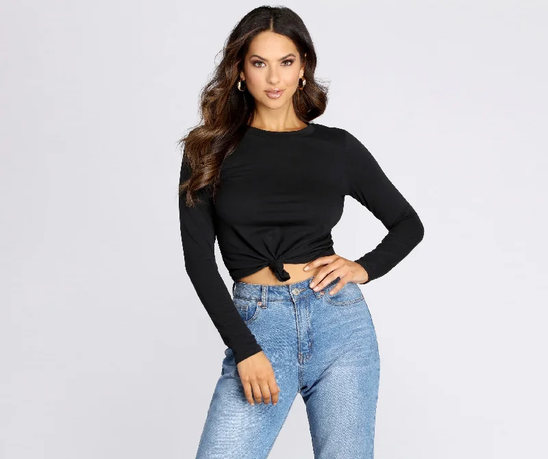 Striped Women Long Sleeve Top in a Timeless PatternKnot Front Cotton Crop Top