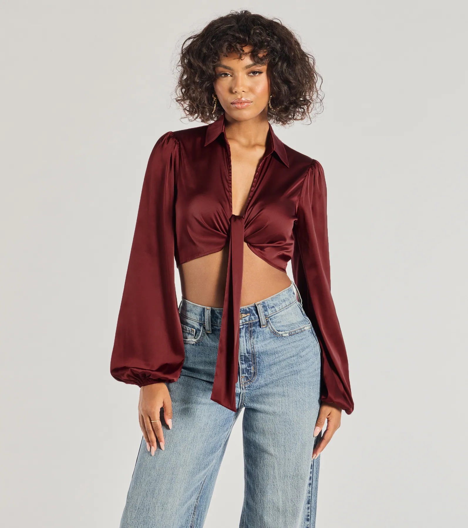 Puffer - Sleeve Women Long Sleeve Top for a Fashion - Forward LookSleek Mood Satin Tie-Front Crop Top