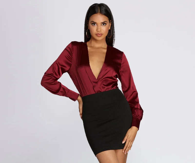 Wrap - Style Women Long Sleeve Top for a Versatile FitSatin Chic Wrap Front Bodysuit