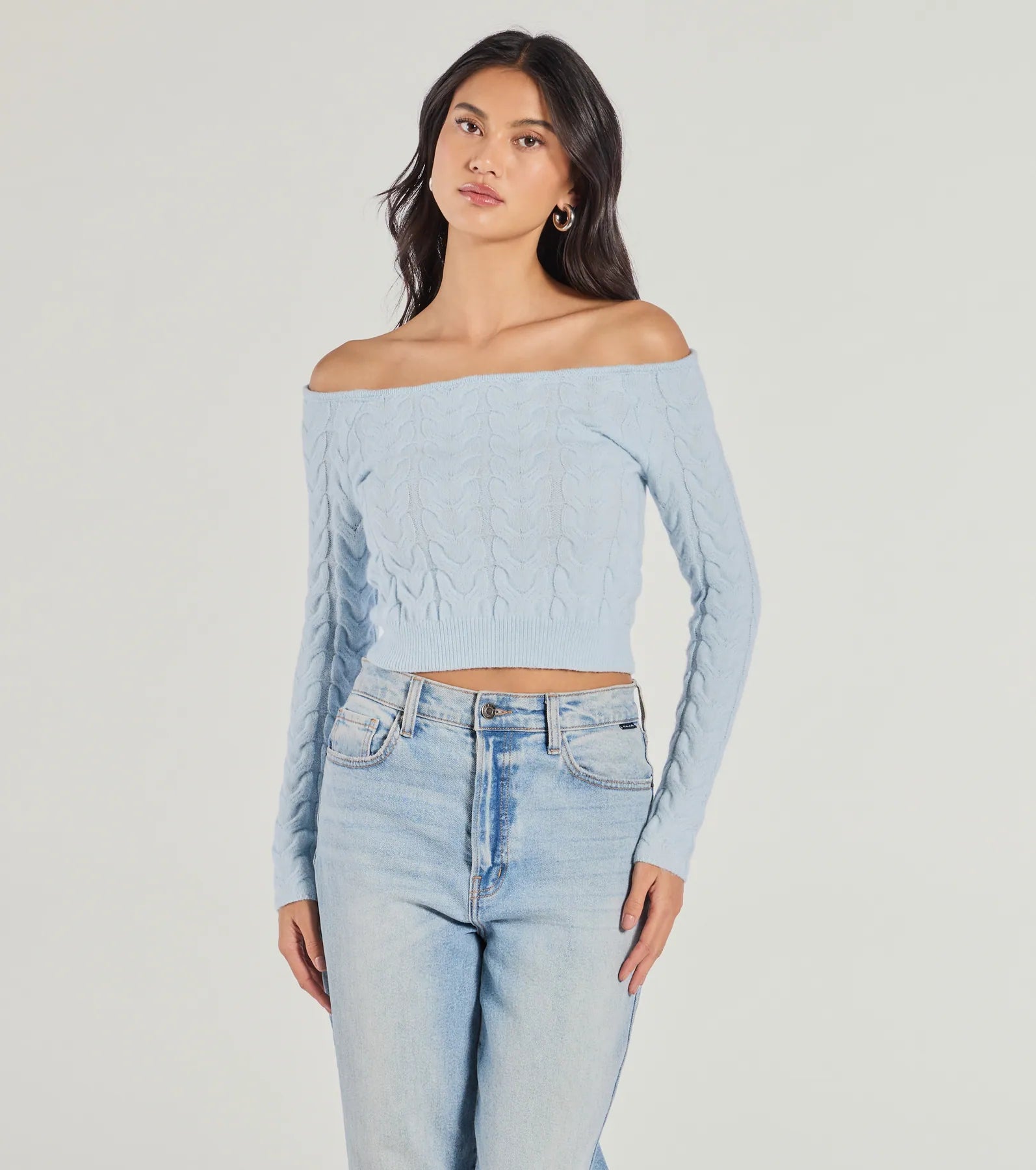 Striped Women Long Sleeve Top in a Timeless PatternCozy Cutie Off-The-Shoulder Cable Knit Top