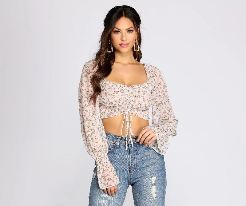 Wrap - Style Women Long Sleeve Top for a Versatile FitFlowy In Floral Crop Top