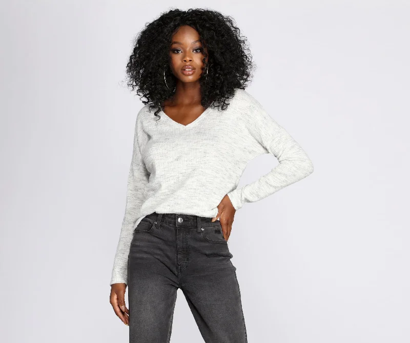 Lace - Trimmed Women Long Sleeve Top for an Elegant LookBrushed Knit V-Neck Top