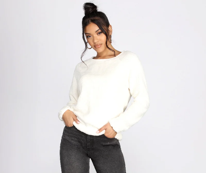 Cropped Women Long Sleeve Top to Pair with High - Waisted BottomsFeeling Cozy Fuzzy Pullover Sweater