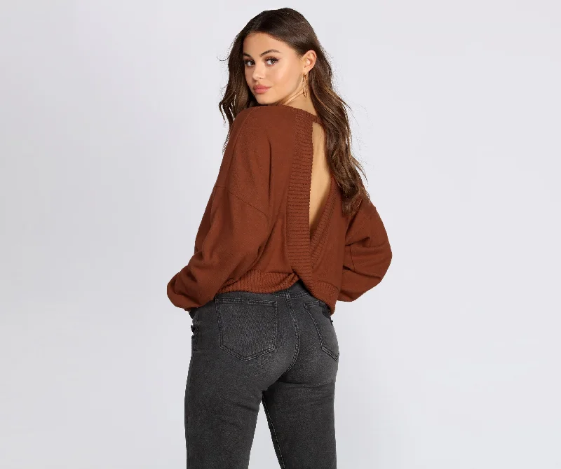 Ribbed Women Long Sleeve Top with a Textured AppealSoft Knit Open Back Top