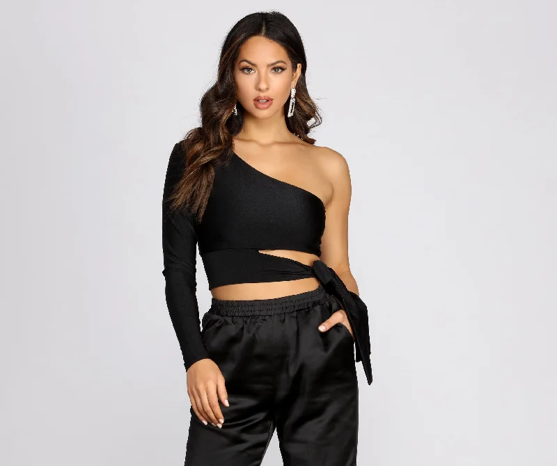 Pocket - Equipped Women Long Sleeve Top for Added FunctionalityShow Some Shoulder One Sleeve Cropped Top