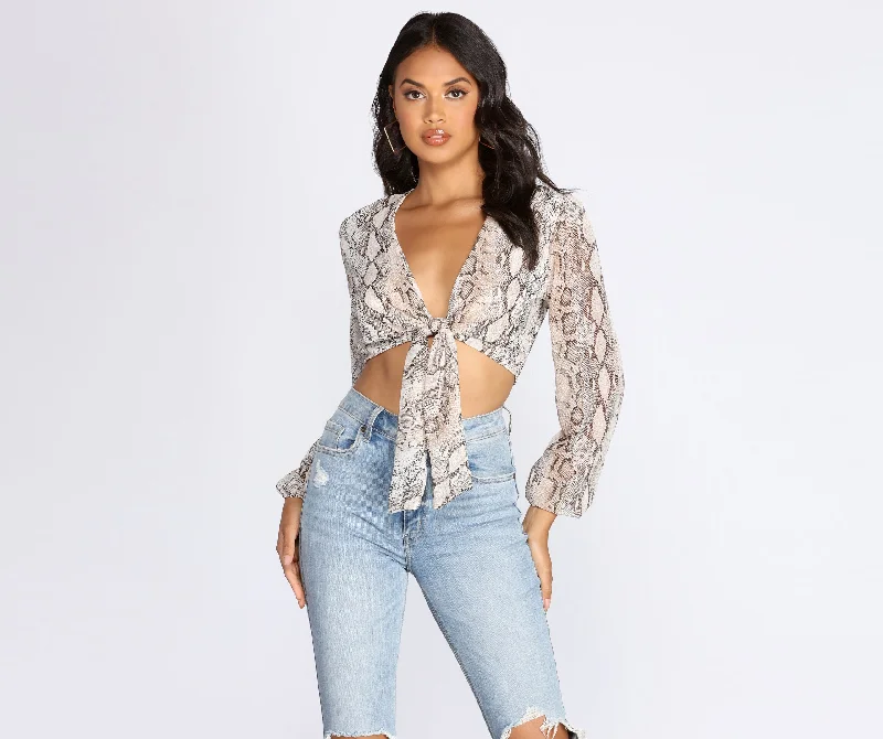 Cable - Knit Women Long Sleeve Top with a Cozy TextureSnake Print Long Sleeve Crop Top