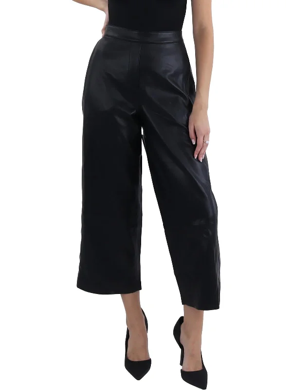 High - waisted women trousers for a flattering and retro lookBernie Womens Faux Leather Mid-Rise Wide Leg Pants