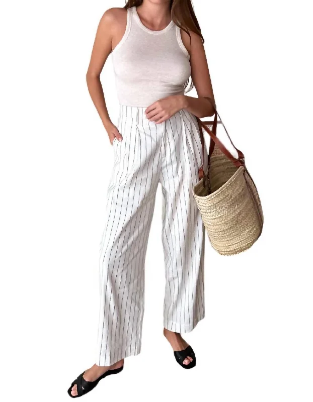 Leather women trousers for a bold and edgy lookEssential Pleated Pant In Ivory Charcoal Stripe