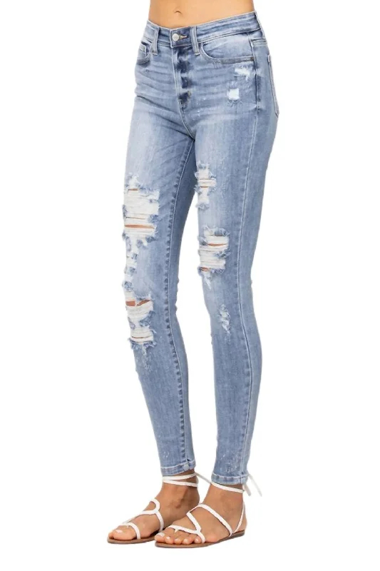 Button - fly women jeans with a traditional touchHigh Rise Bleach Splatter Destroyed Skinny In Light Denim