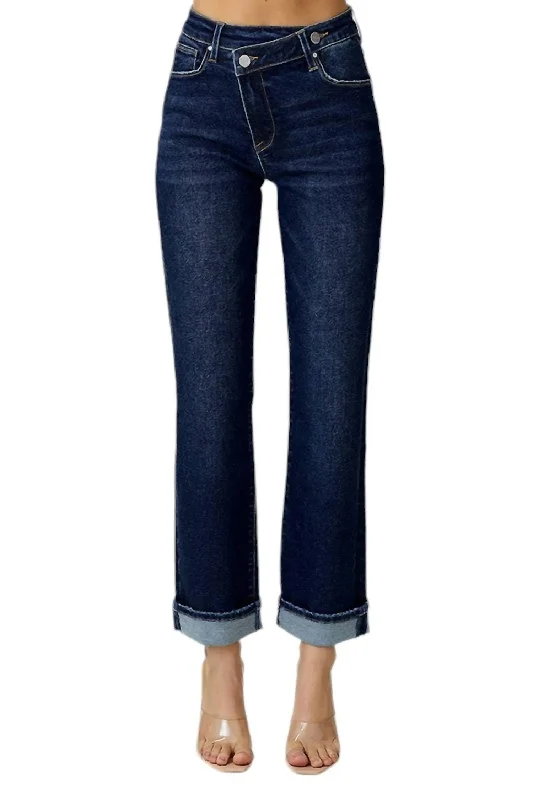 Skinny women jeans with a form - fitting designHigh Rise Straight Leg With Cross Over Waistband In Dark Denim