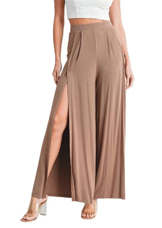 Printed women trousers with floral patterns for a feminine touchHigh Waist Wide Leg Slit Knit Pants In Mocha