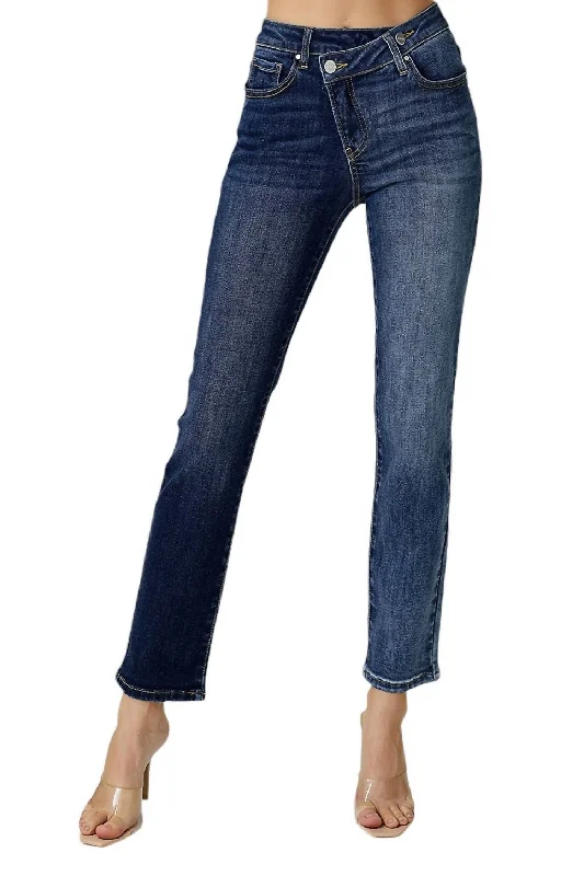 High - rise flare women jeans for a 70s - inspired lookMid-Rise Crossover Relaxed Skinny In Dark Denim