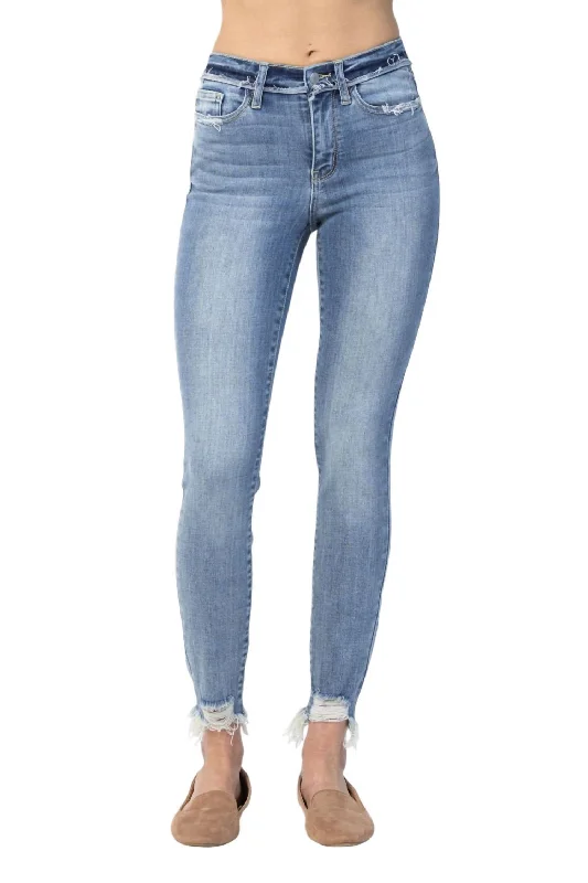 Embroidered women jeans with intricate patternsMid Rise Released Waistband Skinny In Washed Denim