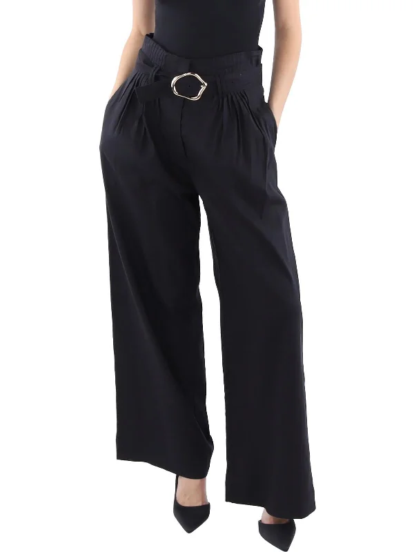 Leather women trousers for a bold and edgy lookWomens Belted Pleated Wide Leg Pants