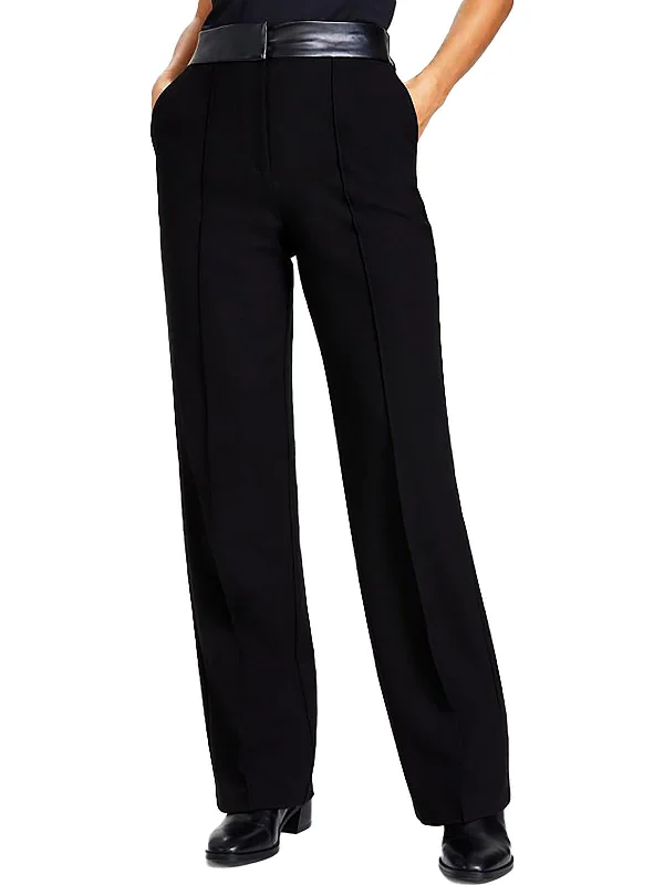 Printed women trousers with floral patterns for a feminine touchWomens Faux Leather Trim High Rise Straight Leg Pants