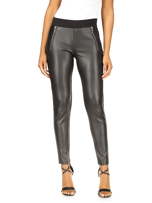 Womens Faux Leather Zipper Leggings