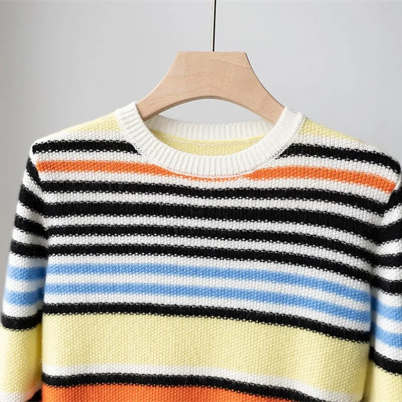 Chunky Knit Women Sweater for Winter Warmth100%Cashmere Knitted Sweaters 2022 Autumn Winter Tops Women Striped Patterns Knitting Long Sleeve Casual Orange Blue Jumpers