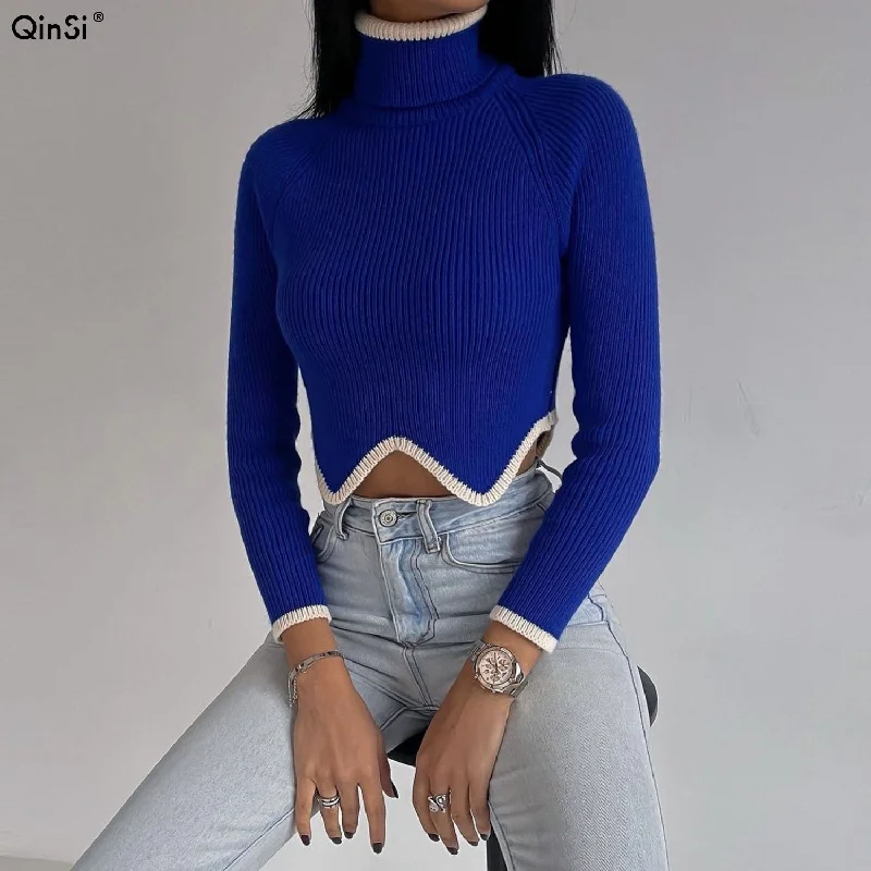 Long - Sleeve Women Sweater with Ribbed CuffsBclout/QINSI 2023 Autumn Winter Elegant Female Jumper Long Sleeve Sexy Slim Turtleneck Crop Sweater Women Knitted Pullover