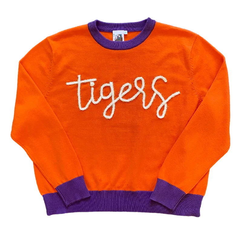 Chunky Knit Women Sweater for Winter WarmthGlitter Script Orange w/ Purple "Tigers" Long Sleeve Sweater