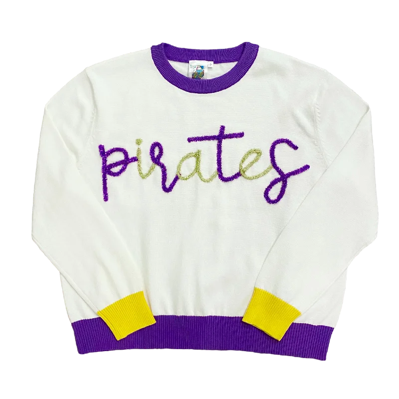 Lightweight Women Sweater for Spring and FallGlitter Script "Pirates" Long Sleeve Sweater