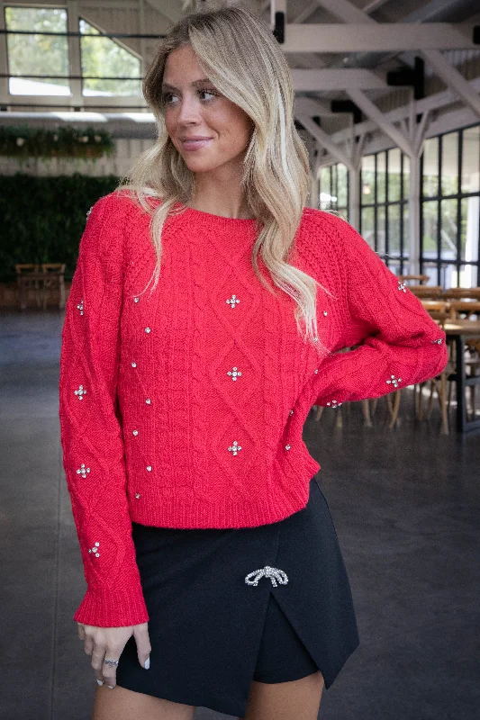 Hand - Knitted Women Sweater with Artisanal CharmKasey Rhinestone Detail Sweater, Red