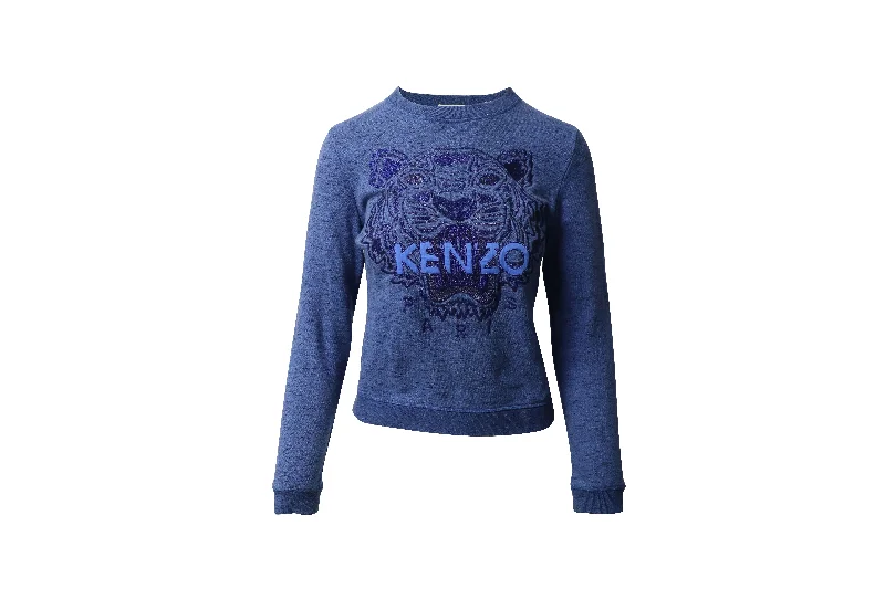 Hand - Knitted Women Sweater with Artisanal CharmKenzo Tiger Embroidered Sweater in Blue Cotton