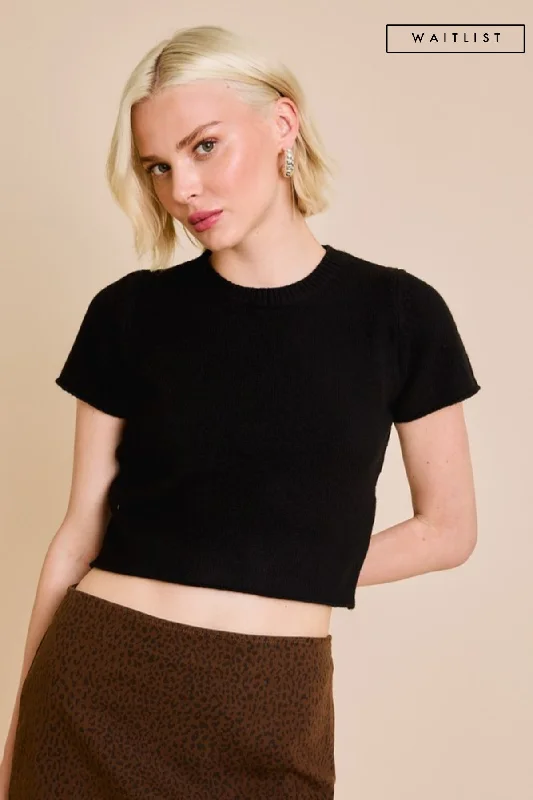 Cashmere Women Sweater with a Luxurious Soft TouchWaitlist 11/4 ♥ Maryann Short Sleeve Cropped Sweater Top Black