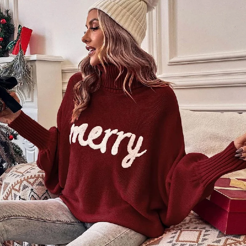 Mock - Neck Women Sweater for a Modern TwistMERRY Slogan Long Sleeve Chunky Rib Knit Turtleneck Christmas Sweater