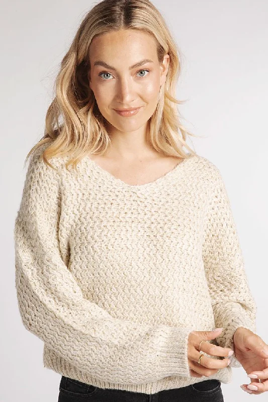 Long - Sleeve Women Sweater with Ribbed CuffsMetallic Yarn Sweater