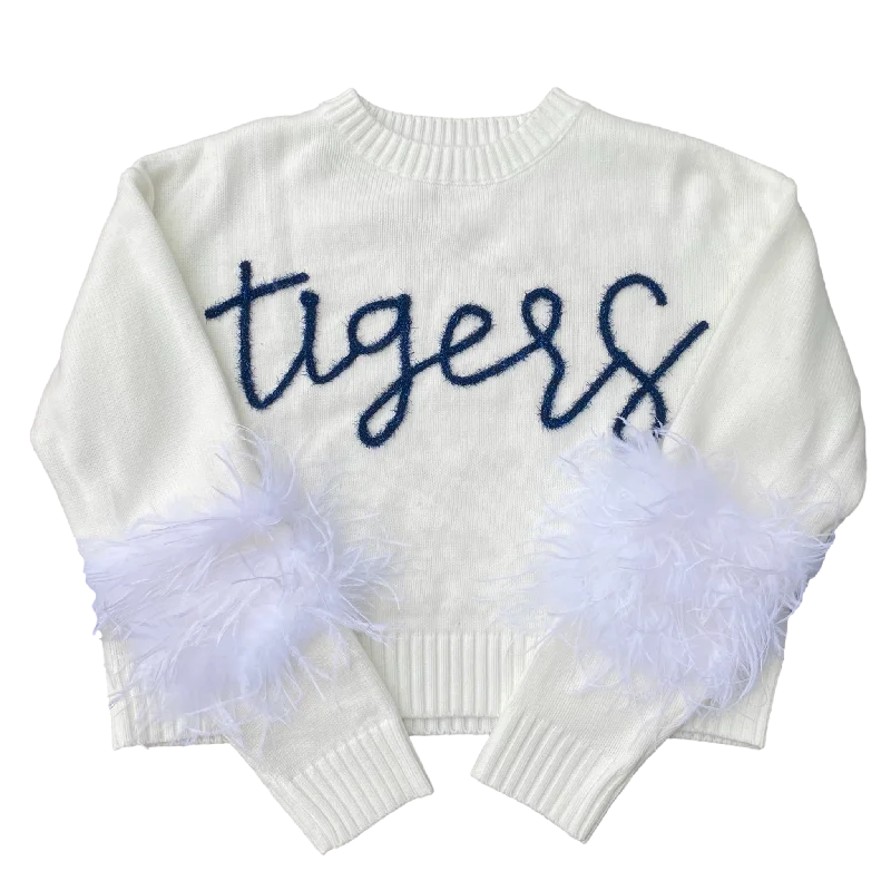 Button - Down Women Sweater for a Versatile LookNavy “Tigers” Feather Sleeve Sweater