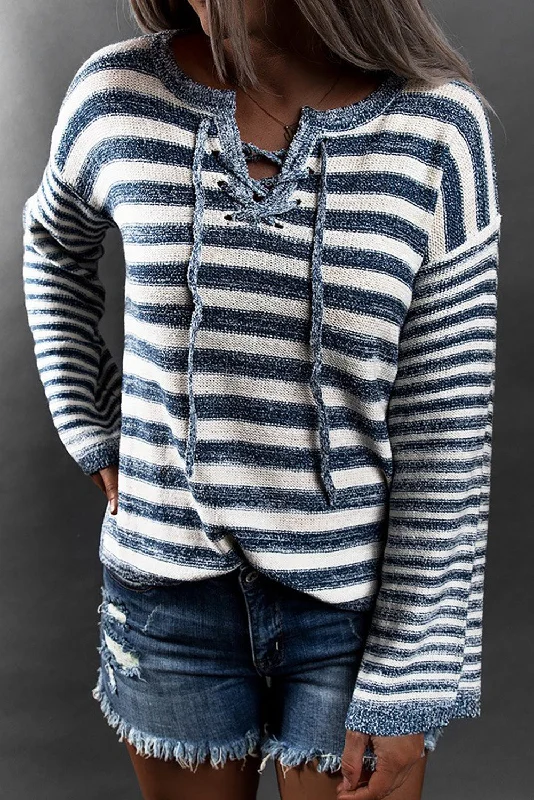 Striped Women Sweater with a Timeless PatternStriped Lace Up Bell Sleeve Sweater