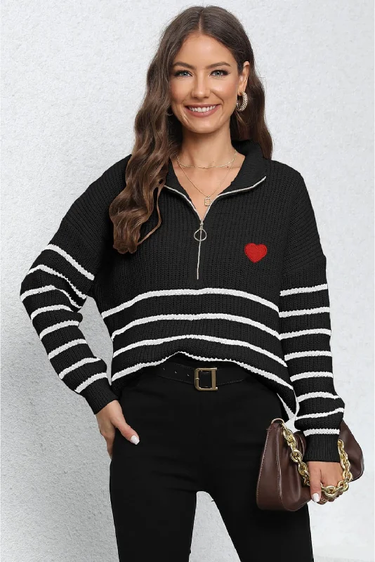 Turtleneck Women Sweater for a Classic and Elegant StyleStriped Zip-Up Long Sleeve Ribbed Sweater