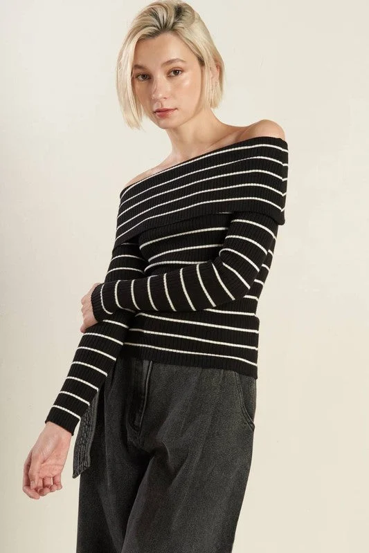 Plus - Size Women Sweater with a Flattering FitTiana Long Sleeve Off The Shoulder Stripe Print Sweater Top Black