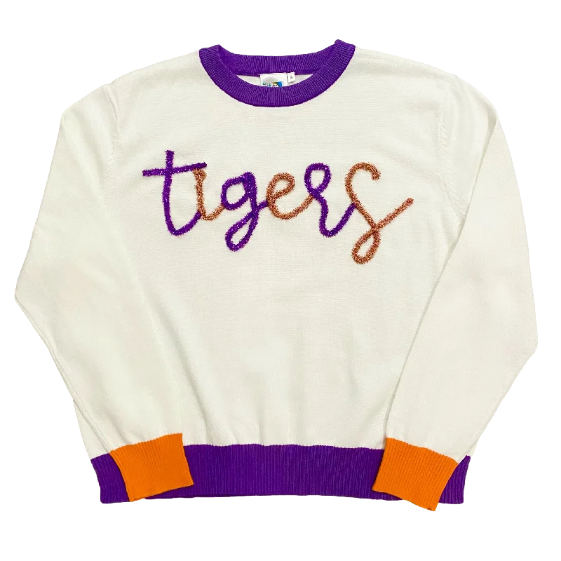 Cropped Women Sweater to Pair with High - Waisted BottomsWhite w/ Purple & Orange "Tigers" LS Sweater - Licensed