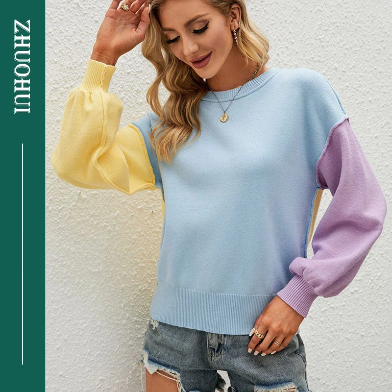 Oversized Women Sweater for a Cozy and Fashionable LookWomen Sweater Autumn Winter Ladies Elegant O Neck Patchwork Knitted Sweaters Fashion Long Sleeve Casual Loose Sweater