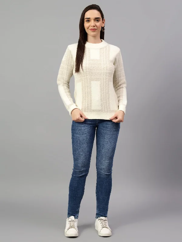 Button - Down Women Sweater for a Versatile LookWomen's Self Design Ivory Full Sleeve Casual Sweater