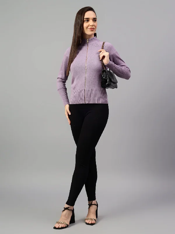 Cropped Women Sweater to Pair with High - Waisted BottomsWomen's Solid Lavender Full Sleeve Casual Sweater