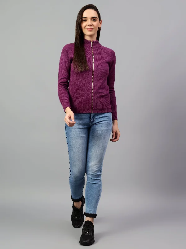 Lightweight Women Sweater for Spring and FallWomen's Solid Purple Full Sleeve Casual Sweater