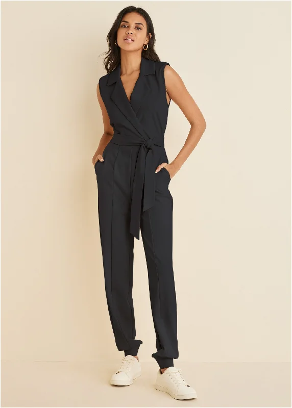 Cropped Women Sweater to Pair with High - Waisted BottomsPonte Collar Jumpsuit - Black